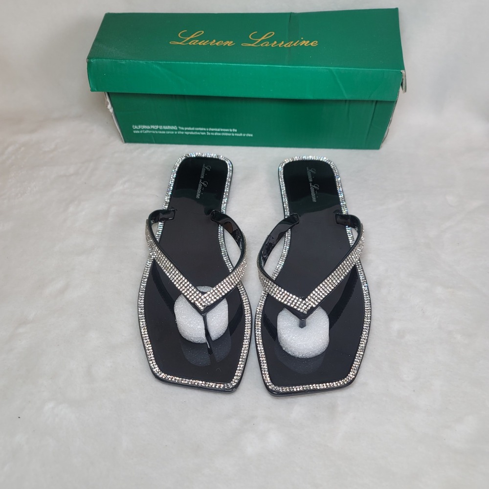 Lauren Lorraine Tampa Black Bling Flip Flops Square Toe Vaca Resort Beach 9.5